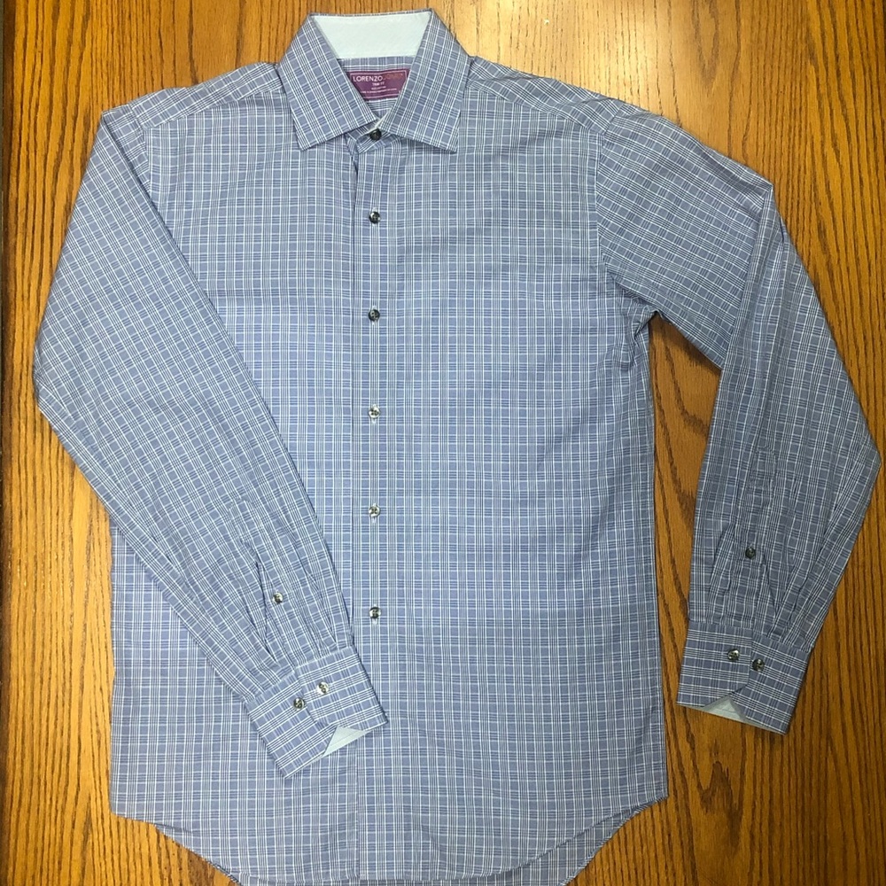 Lorenzo Uomo Men’s Blue/White Plaid Dress Shirt Trim Fit 14 1/2 32/33